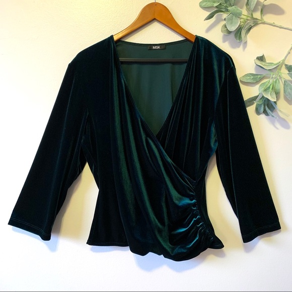 MSK Tops - Emerald Green Velvet Deep V Top